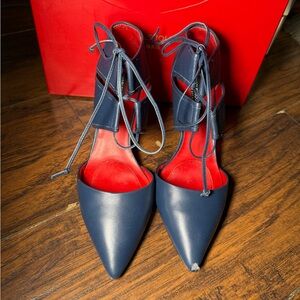Charles Jourdan Navy Pointed Lace-Up Heels with Red Interior